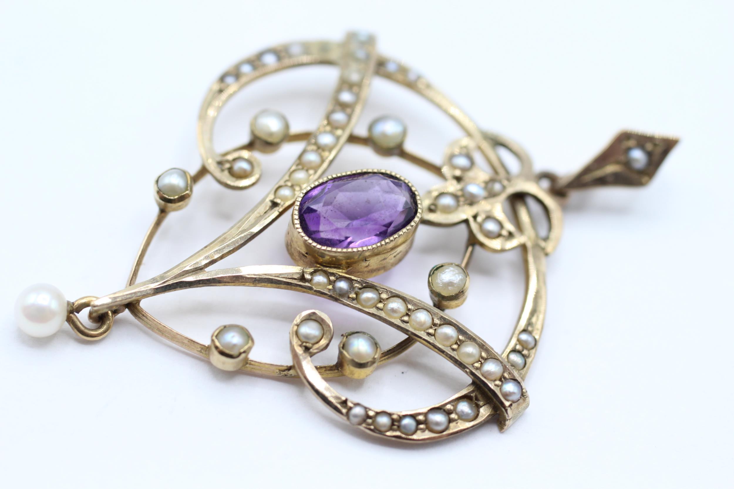 9ct gold Edwardian amethyst & seed pearl pendant with a drop cultured pearl 3.3 g - Image 3 of 5
