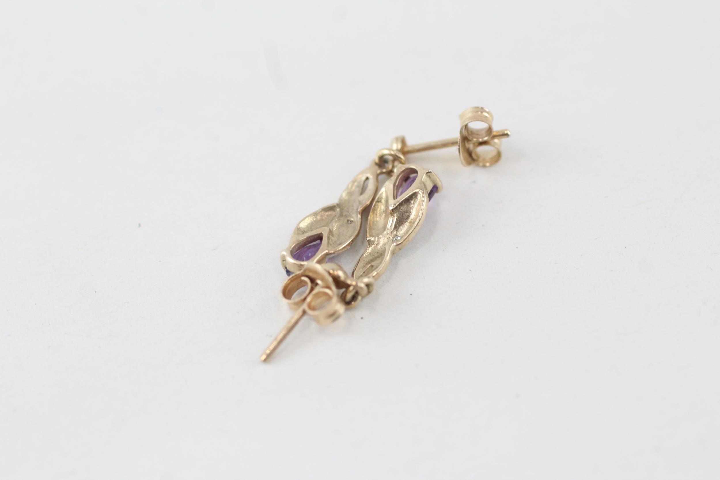 9ct gold pear cut amethyst and diamond accented drop earrings 1 g - Image 3 of 3