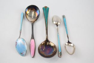3 x Vintage Stamped .925 Sterling Silver Guilloche Enamel Spoons Inc Norway 60g - Inc Norway,