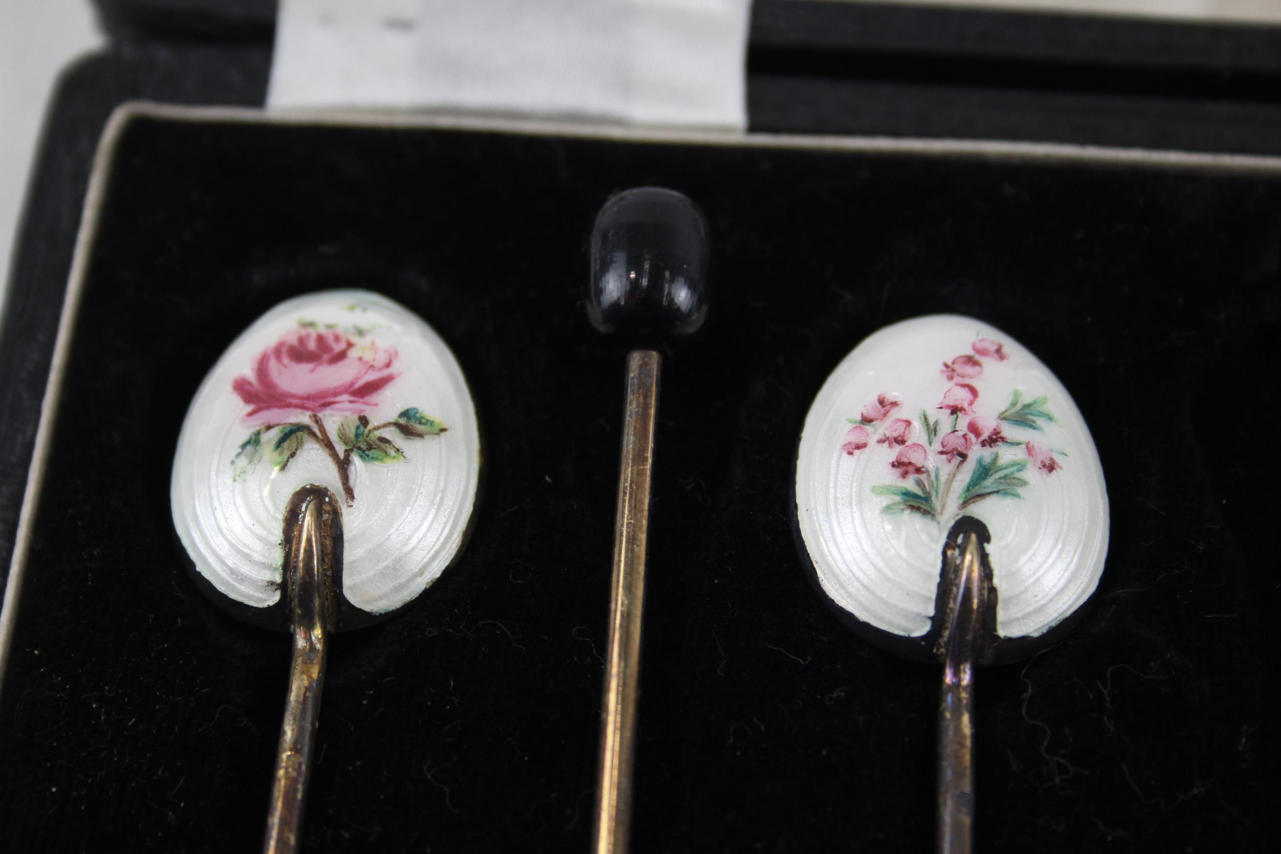 6 x Vintage 1954 Birmingham Sterling Silver Guilloche Enamel Coffee Spoons (45g) - w/ Fitted Case, - Image 2 of 6