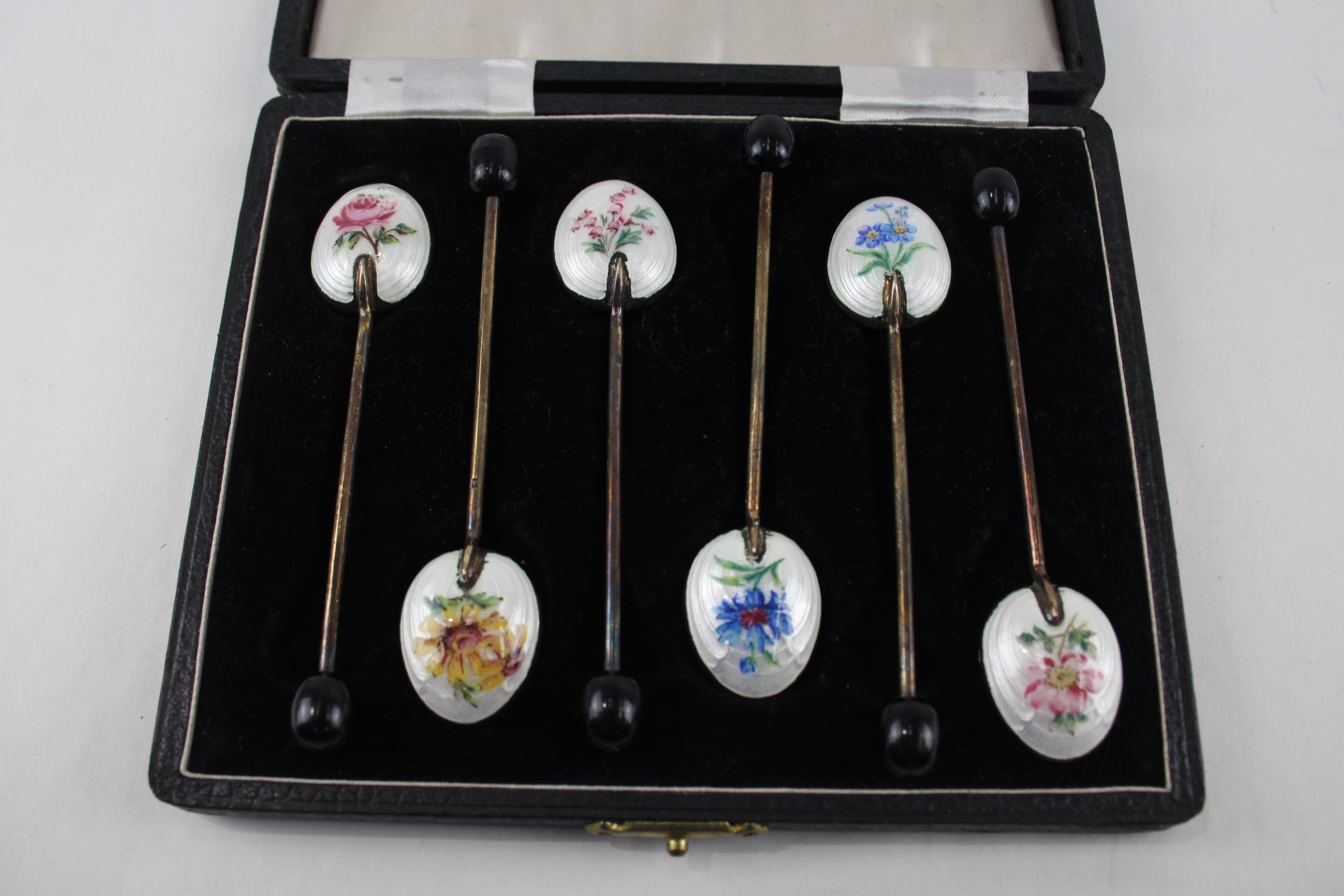 6 x Vintage 1954 Birmingham Sterling Silver Guilloche Enamel Coffee Spoons (45g) - w/ Fitted Case,