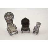 3 x Vintage .950 & .925 Sterling Silver Miniature Chairs Inc Filigree (35g) - In vintage condition