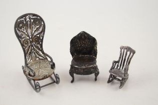 3 x Vintage .950 & .925 Sterling Silver Miniature Chairs Inc Filigree (35g) - In vintage condition