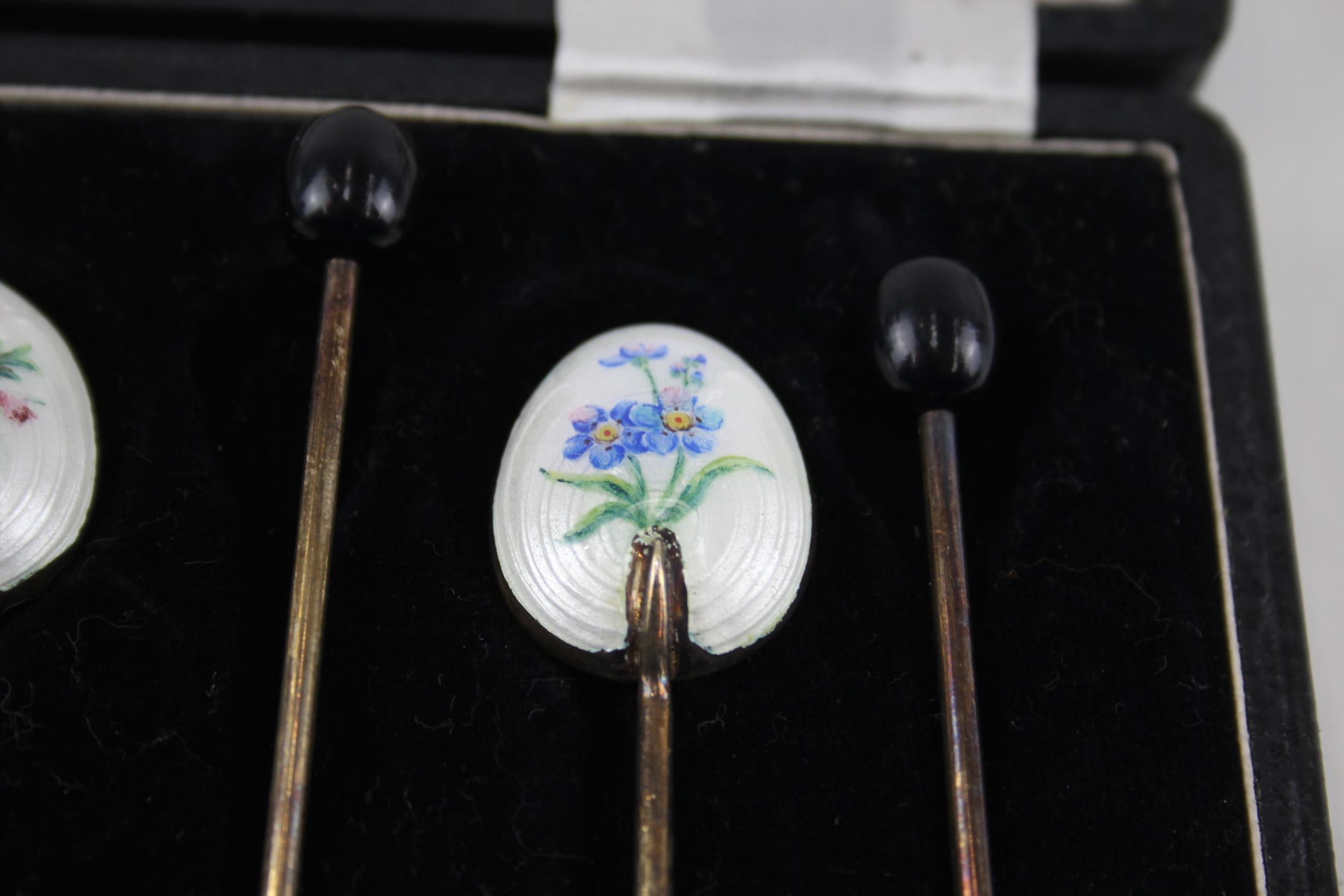 6 x Vintage 1954 Birmingham Sterling Silver Guilloche Enamel Coffee Spoons (45g) - w/ Fitted Case, - Image 5 of 6