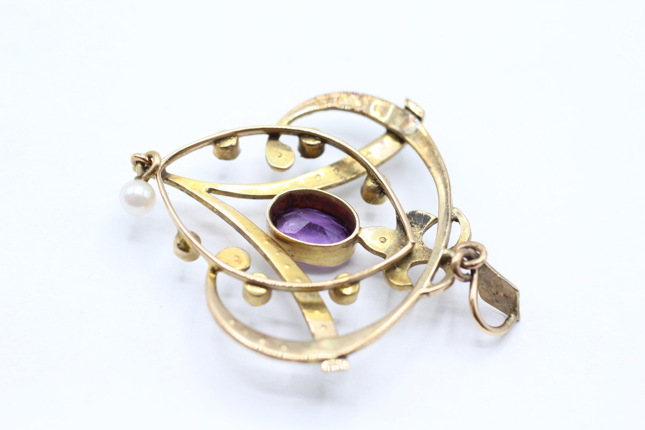 9ct gold Edwardian amethyst & seed pearl pendant with a drop cultured pearl 3.3 g - Bild 5 aus 5