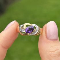 9ct gold amethyst and diamond open work spiral ring Size Q 3.6 g
