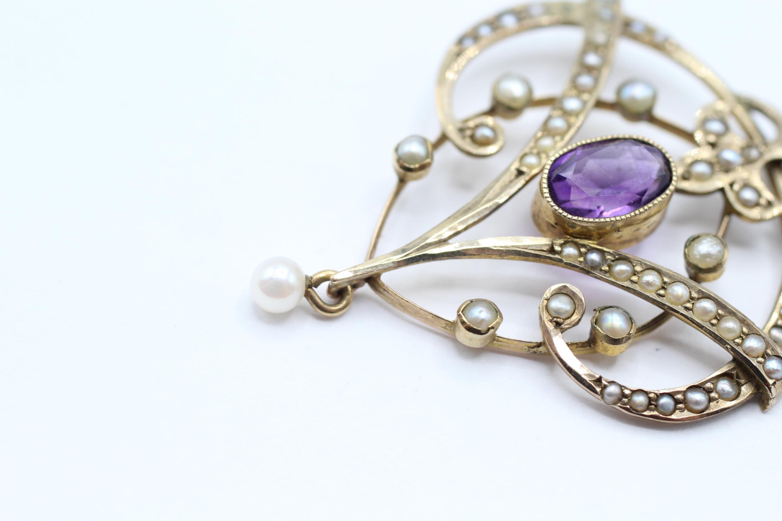 9ct gold Edwardian amethyst & seed pearl pendant with a drop cultured pearl 3.3 g - Bild 2 aus 5