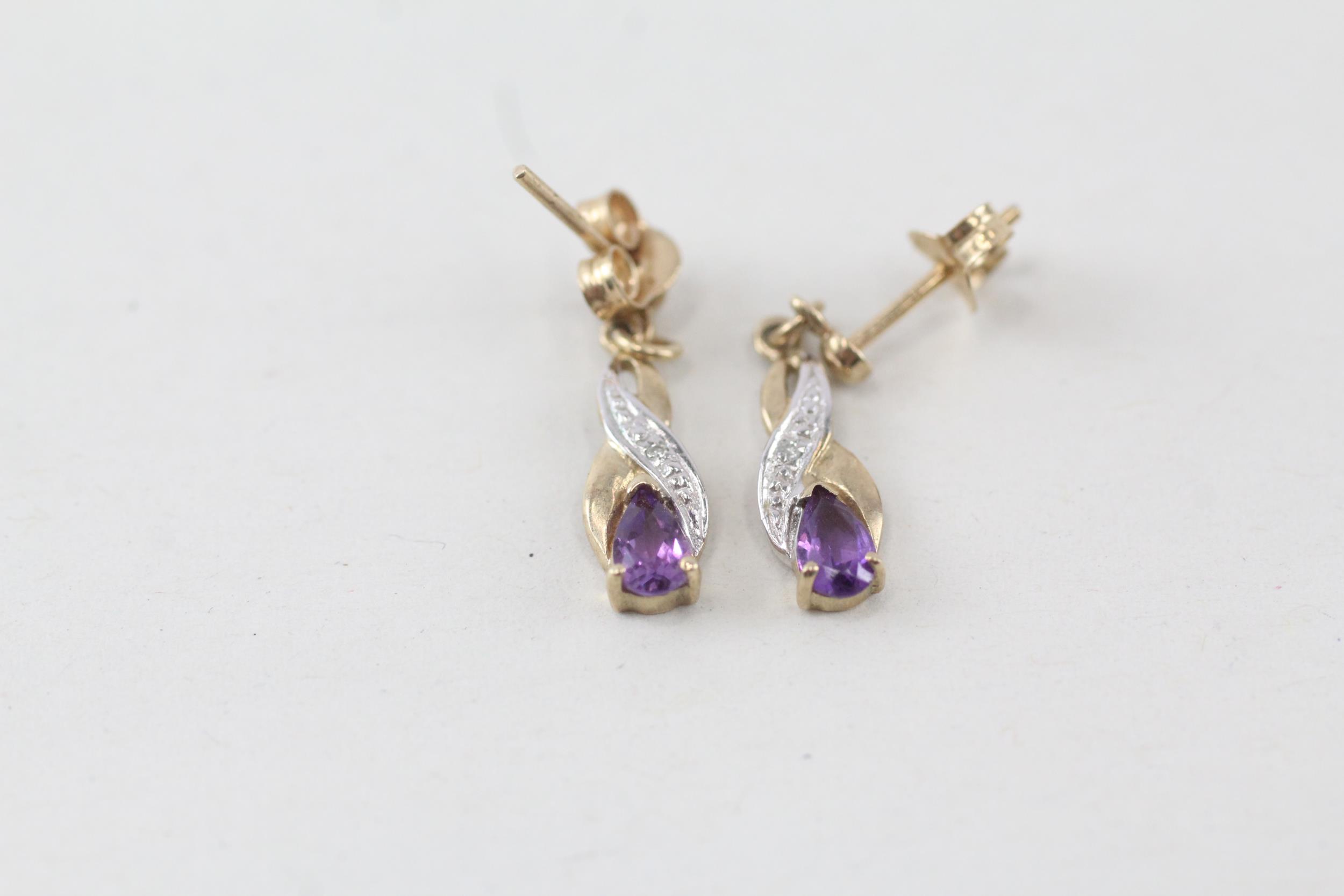 9ct gold pear cut amethyst and diamond accented drop earrings 1 g