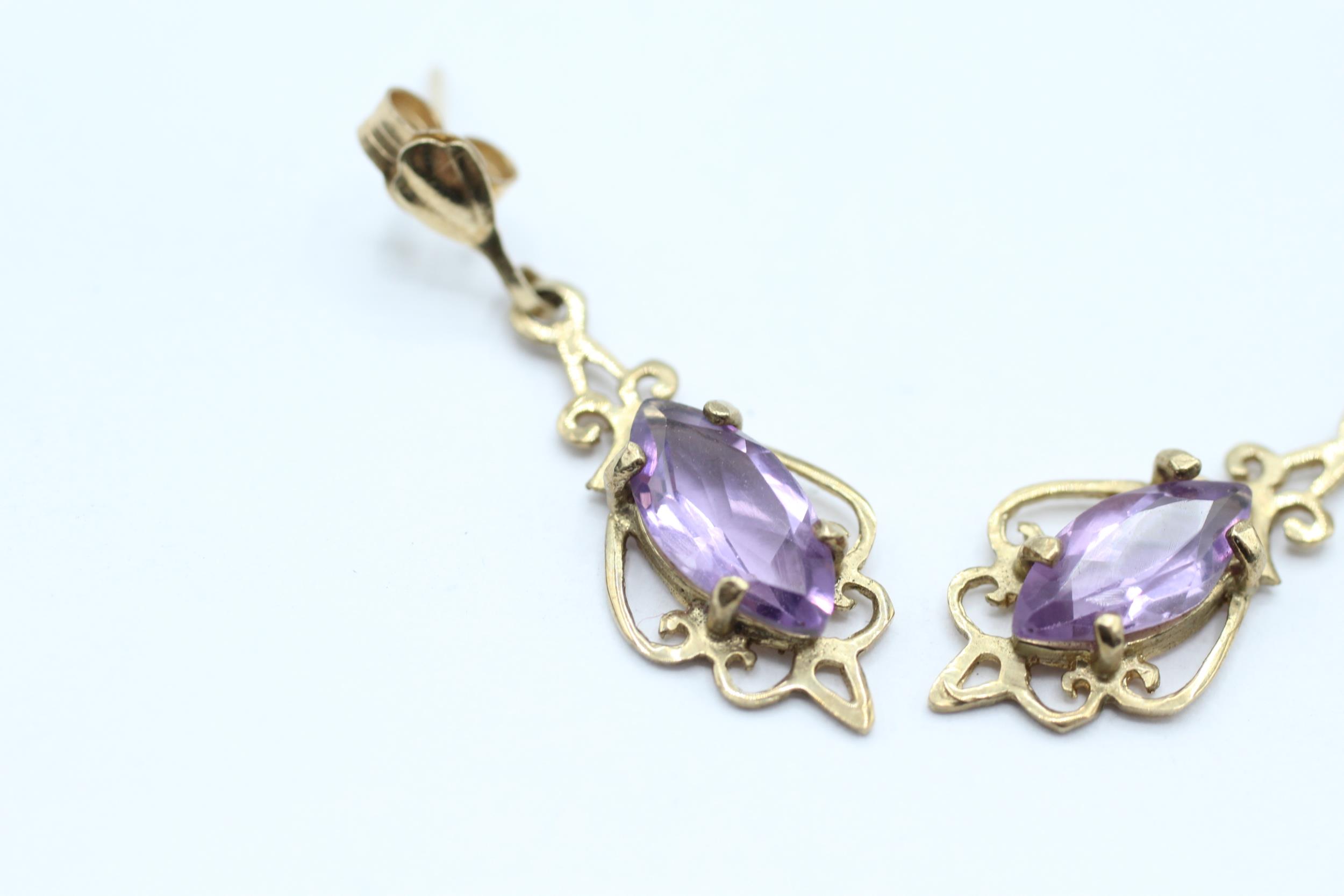 9ct gold marquise cut amethyst drop earrings with scroll backs 1.7 g - Image 2 of 4