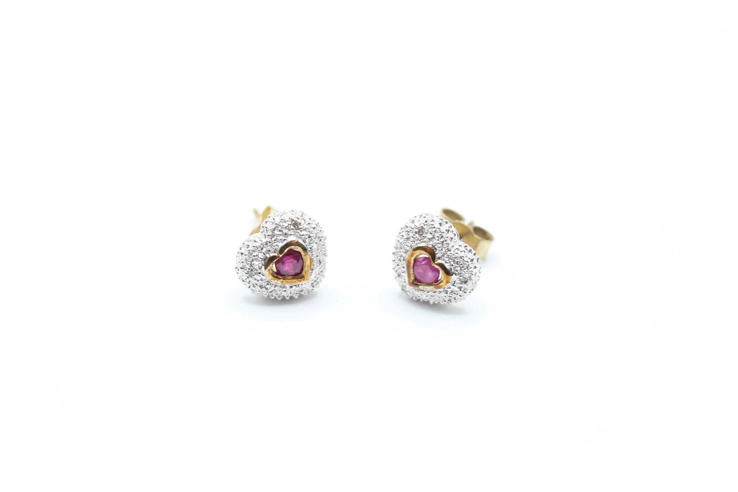 9ct gold ruby & diamond heart-shaped stud earrings 2.4 g