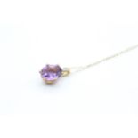 9ct gold oval cut amethyst & diamond pendant necklace, claw set with heart patterned gallery 2.2 g