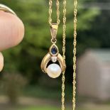 9ct gold cultured pearl, sapphire & diamond pendant necklace 2.5 g