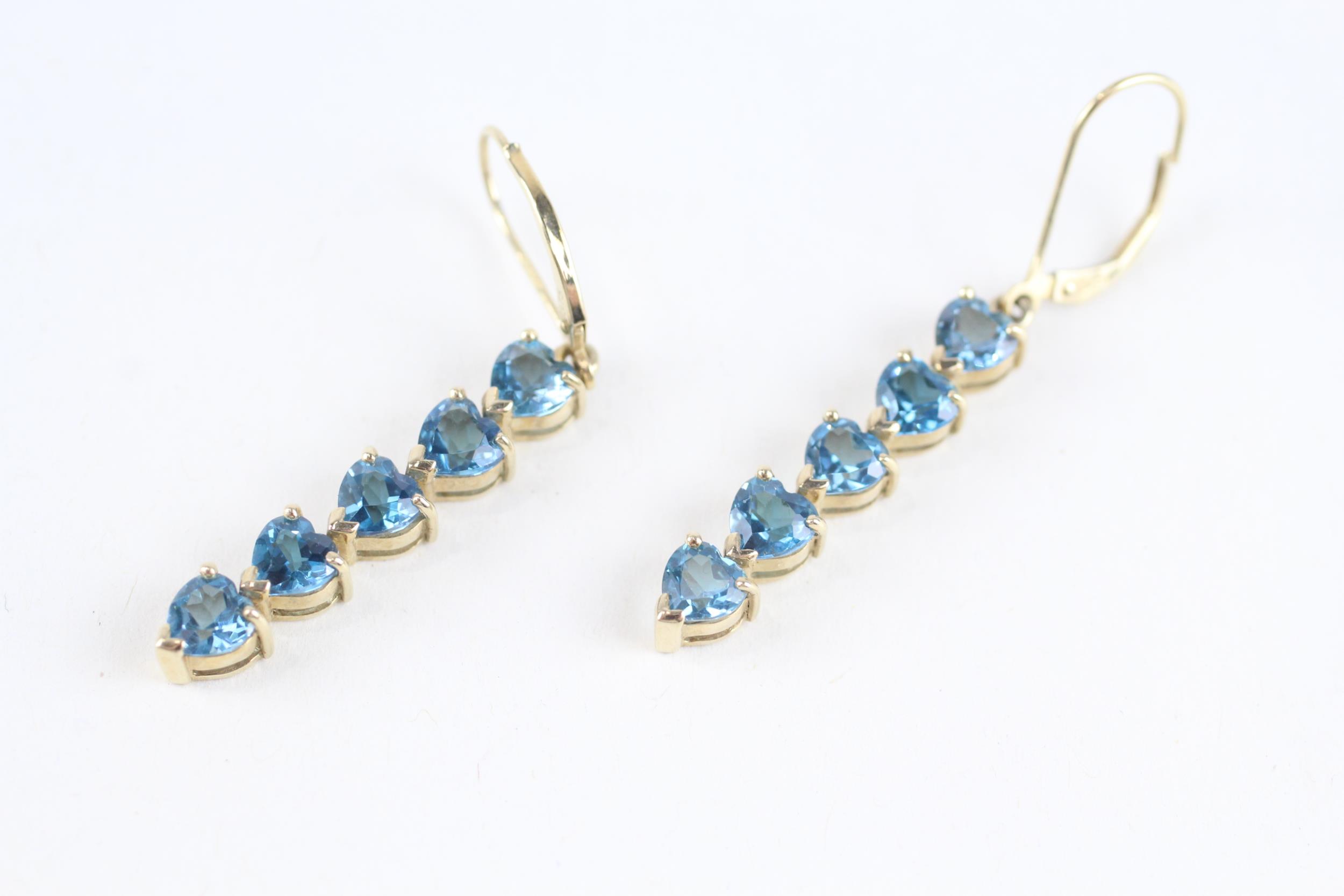 9ct gold heart shaped cut blue topaz drop earrings with lever backs - 5.1 g