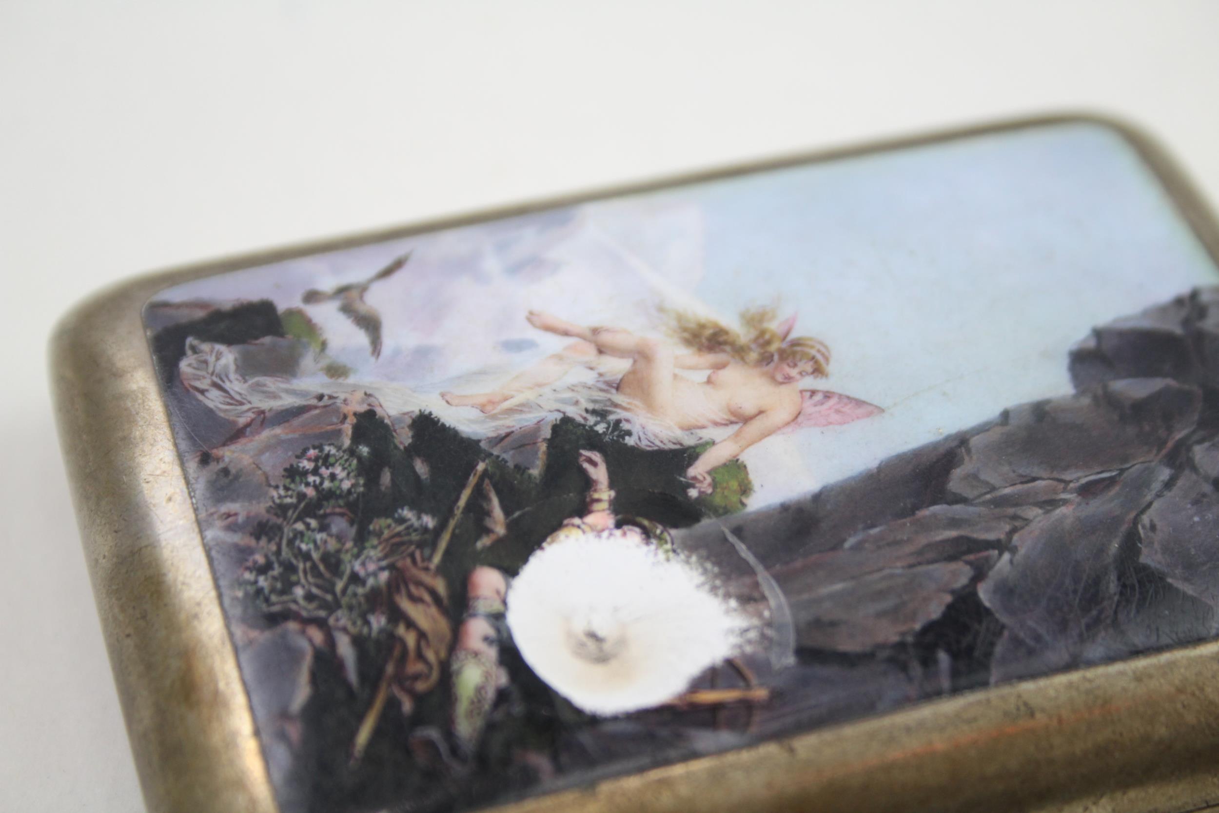 Antique Silver Plate Enamel Detailed Tobacciana Cigarette Case w/ Fairy Scene - w/ Personal - Image 3 of 7