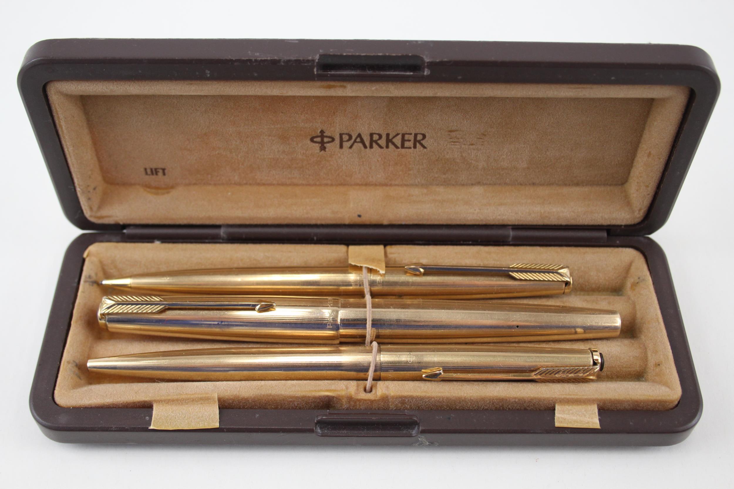 Vintage PARKER 61 Gold Plated Fountain Pen w/ 14ct Nib, Ballpoint, Pencil, Box - w/ 14ct Nib,