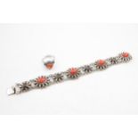 vintage 800 silver coral panel bracelet & ring set (36g)