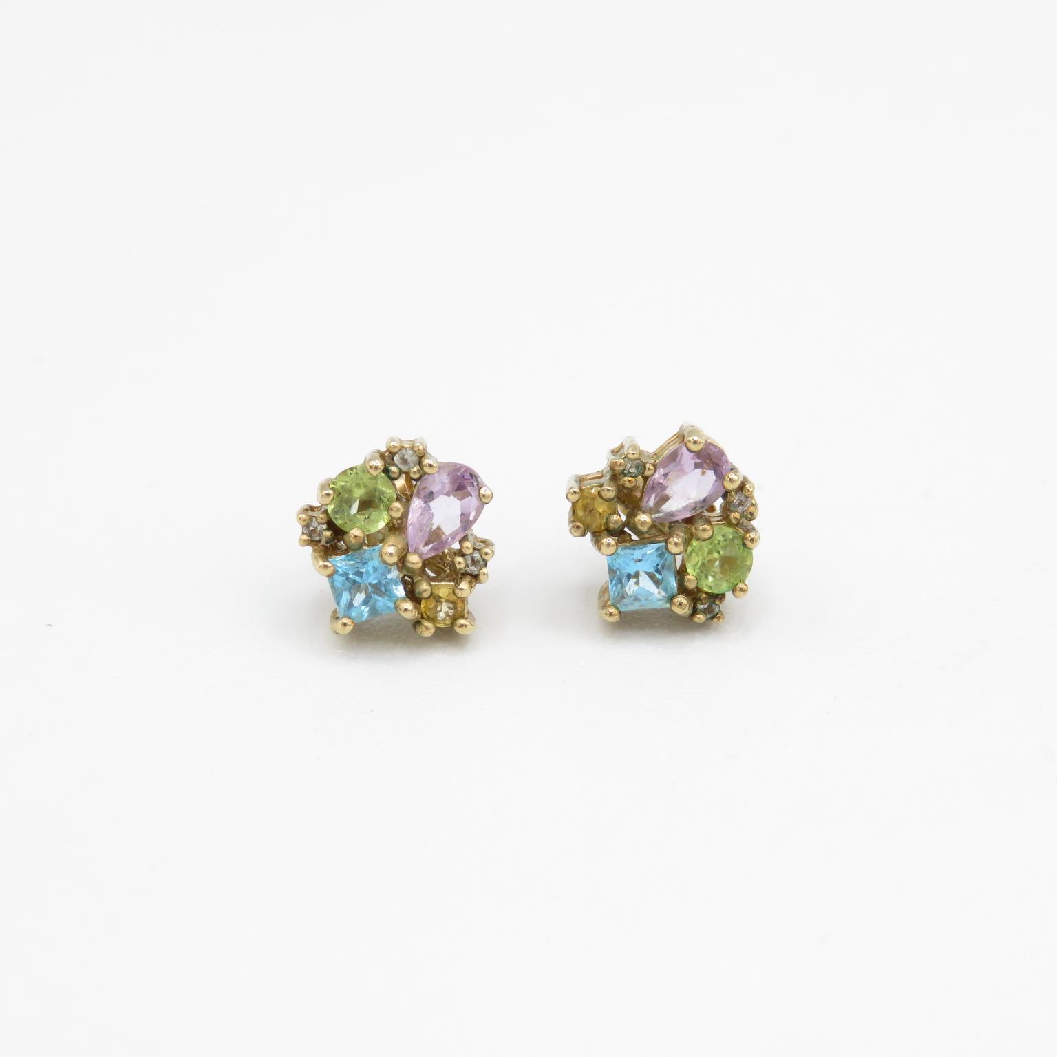 9ct gold multi gemstone cluster stud earrings, gemstones including: amethyst, topaz, citrine,