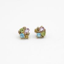 9ct gold multi gemstone cluster stud earrings, gemstones including: amethyst, topaz, citrine,