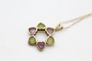 9ct gold heart-shaped peridot & amethyst floral cluster pendant - 2.1 g