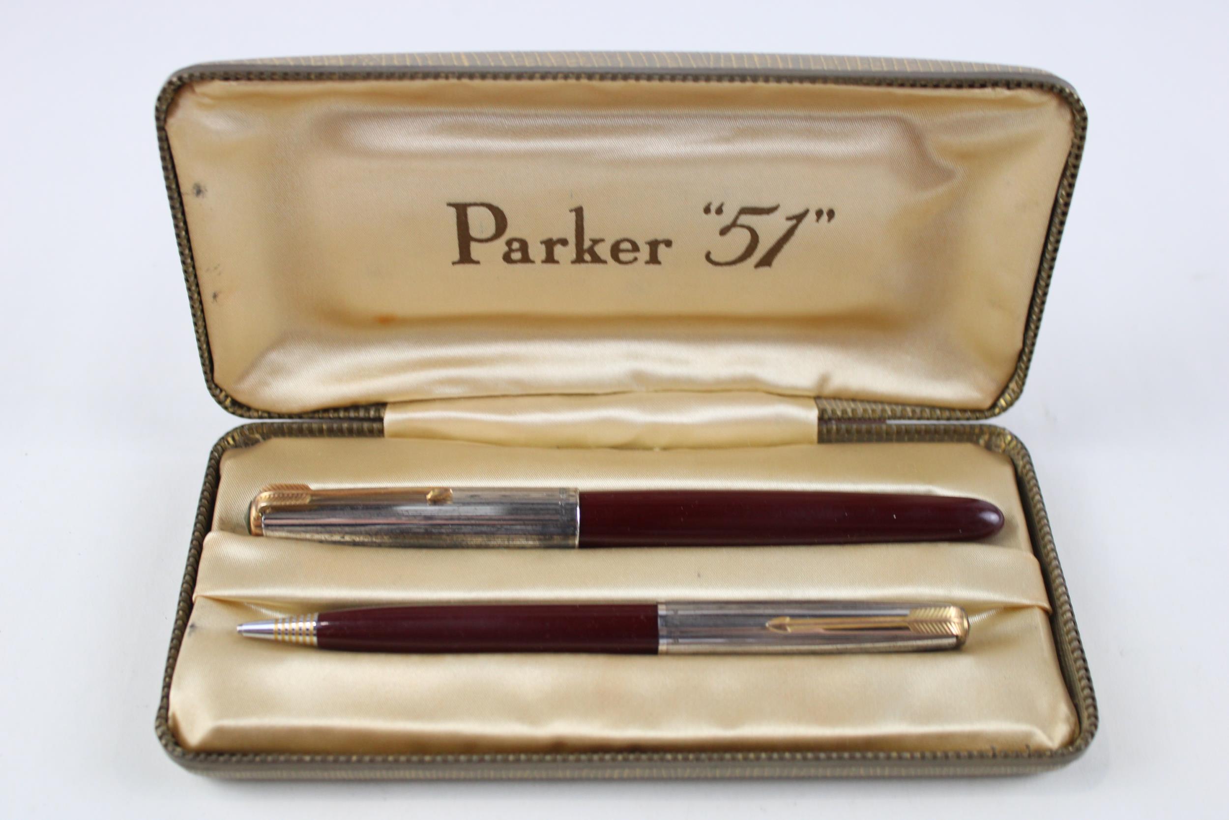 Vintage PARKER 51 Burgundy Fountain Pen w/ 14ct Gold Nib, Rolled Silver Cap, Box - w/ Matching