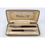 Vintage PARKER 51 Burgundy Fountain Pen w/ 14ct Gold Nib, Rolled Silver Cap, Box - w/ Matching