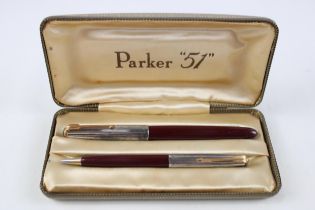 Vintage PARKER 51 Burgundy Fountain Pen w/ 14ct Gold Nib, Rolled Silver Cap, Box - w/ Matching