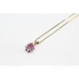 9ct gold ruby and diamond set cluster pendant necklace - 1.6 g