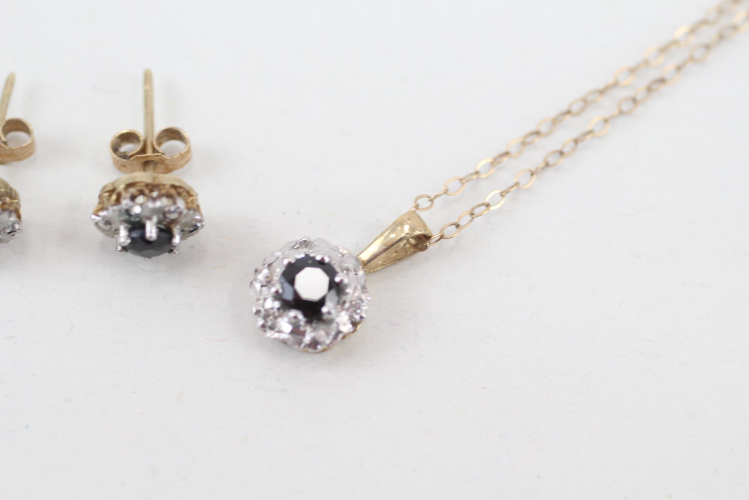 2x 9ct gold sapphire & diamond cluster pendant necklace & stud earrings set (2.1g) - Image 4 of 5