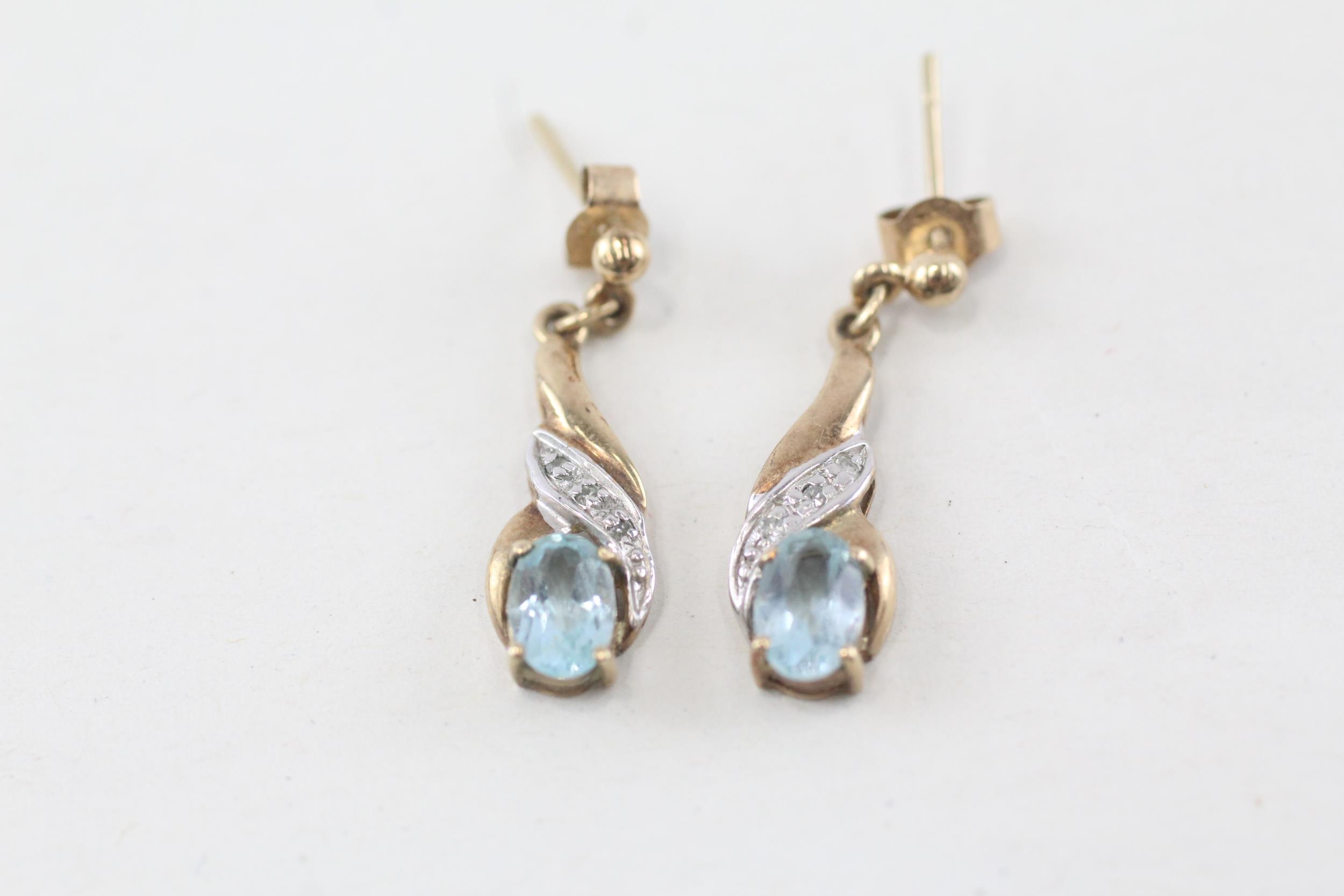 9ct gold oval cut blue topaz and diamond set drop earrings - 1.6 g