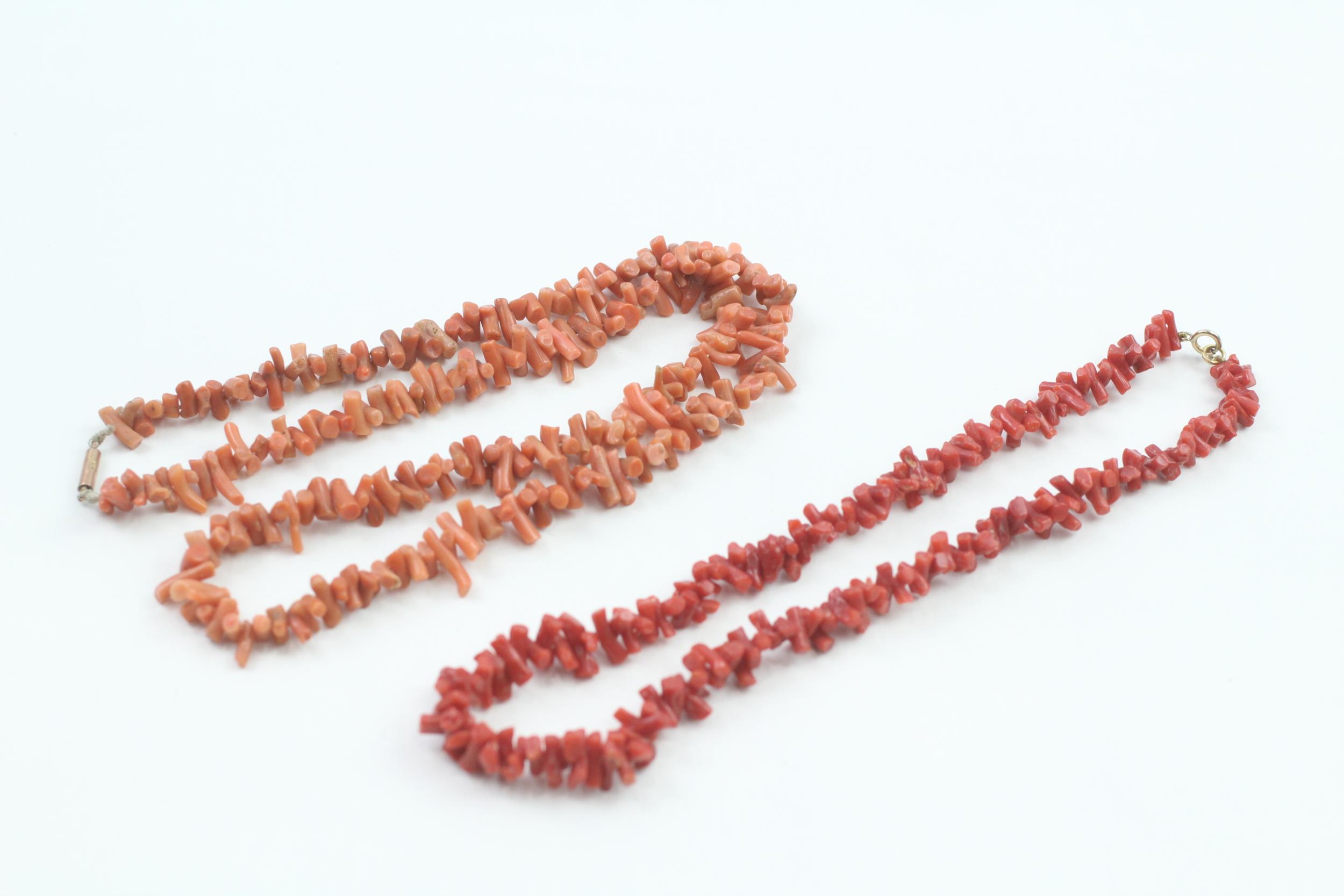 2 x 9ct gold clasp coral necklaces (56.5g)