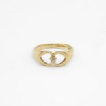 9ct gold vintage diamond set double heart mount solitaire ring Size L - 2.4 g