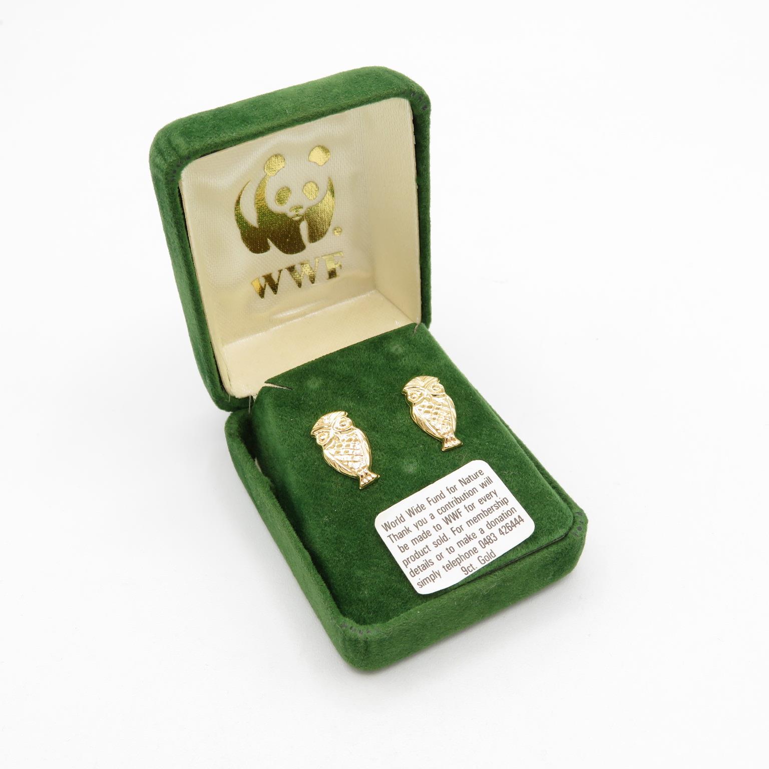 Boxed set of 9ct gold Owl earrings in WWF box - Image 2 of 4