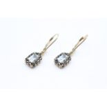 9ct gold sapphire and aquamarine halo drop earrings - 2.1 g