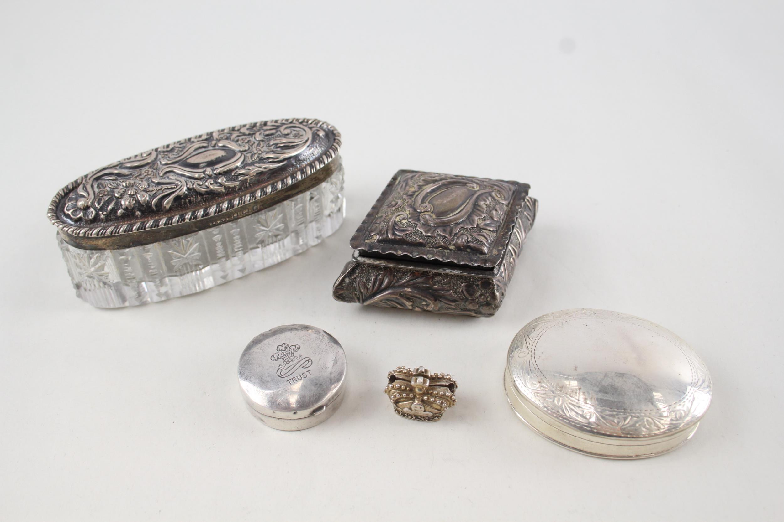 5 x Antique / Vintage Hallmarked .925 Sterling Silver Pill / Trinket Boxes 112g - Inc Cut Glass,