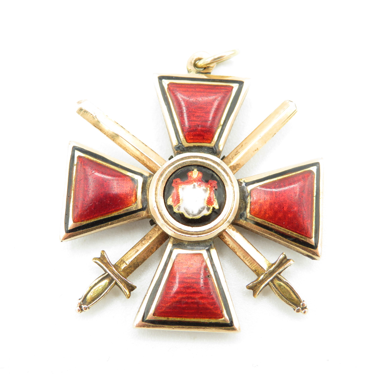 Order of St. Vladimir 18ct gold with red enamel Maltese cross with crossed swords and Royal Cipher - Image 3 of 7