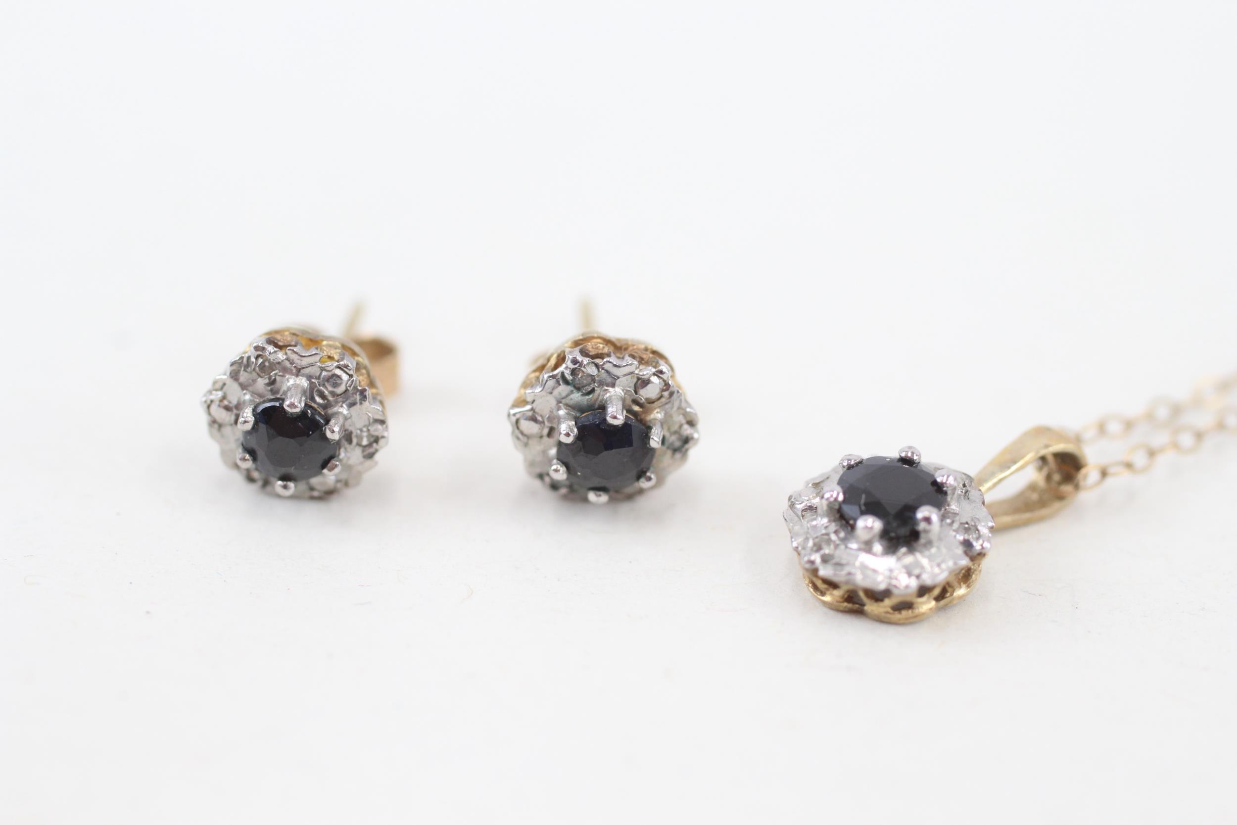 2x 9ct gold sapphire & diamond cluster pendant necklace & stud earrings set (2.1g) - Image 3 of 5