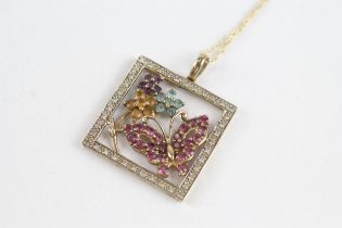 9ct gold multi gemstone floral pendant necklace, gemstones including: diamond, blue topaz, amethyst,