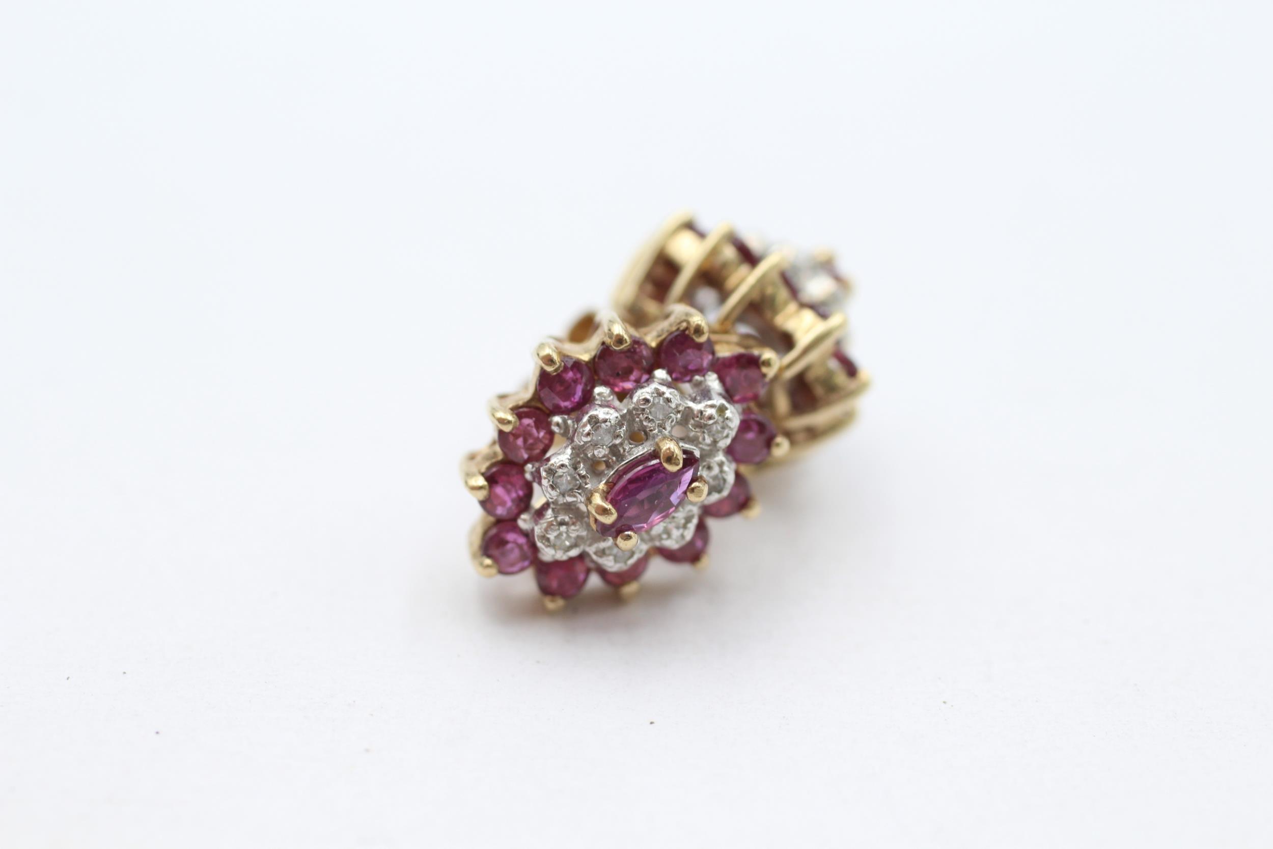 9ct gold ruby & diamond cluster stud earrings with scroll backs - 3.7 g - Image 2 of 4