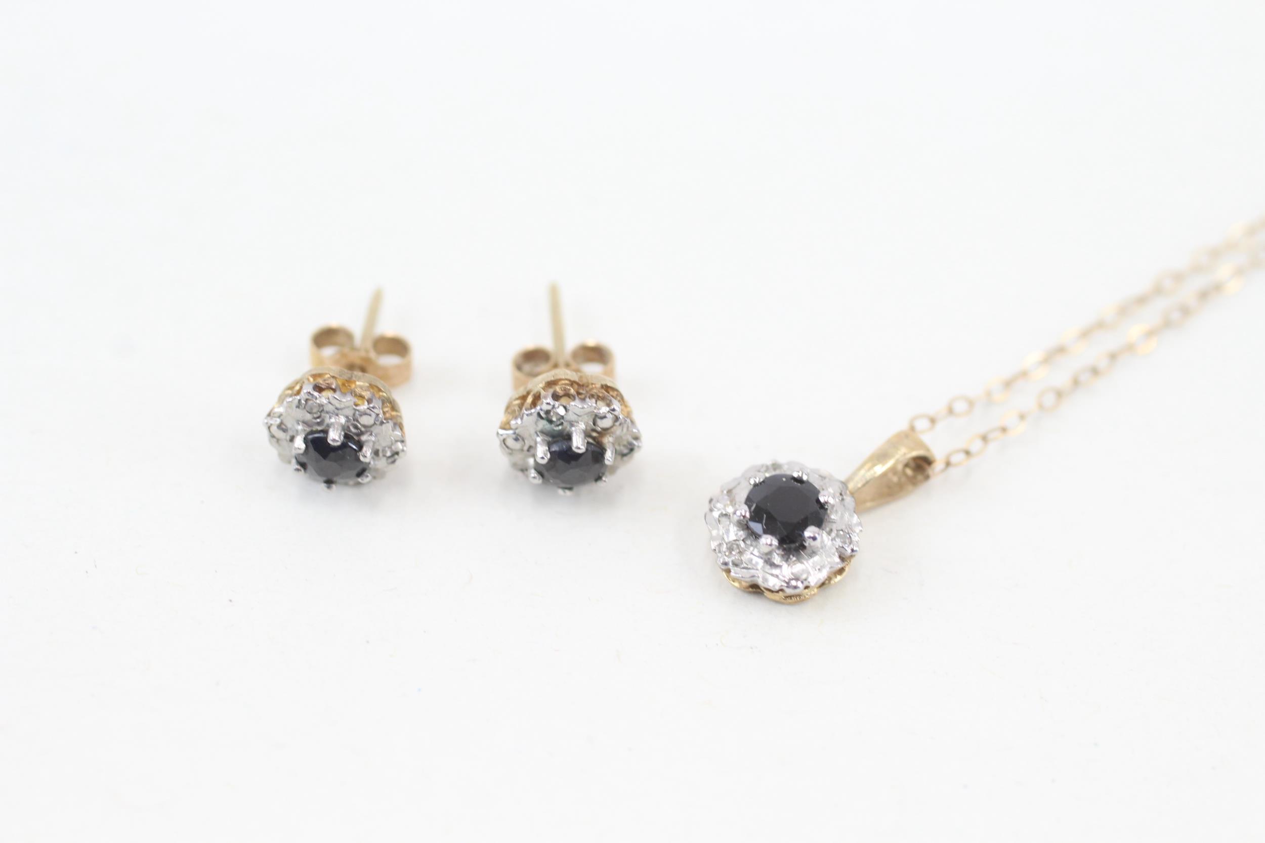 2x 9ct gold sapphire & diamond cluster pendant necklace & stud earrings set (2.1g)