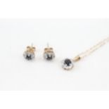 2x 9ct gold sapphire & diamond cluster pendant necklace & stud earrings set (2.1g)