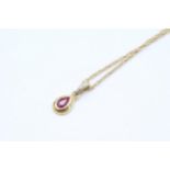 9ct gold pear-shape ruby single stone pendant necklace with diamond set bail - 2.3 g