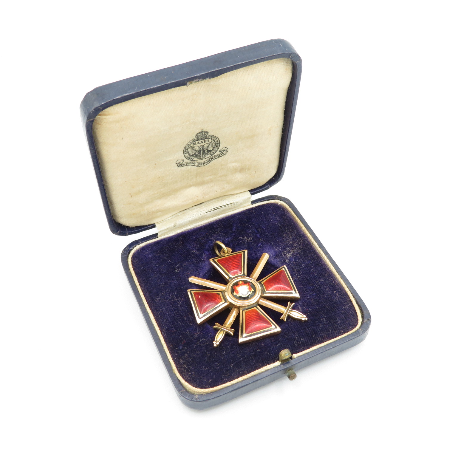 Order of St. Vladimir 18ct gold with red enamel Maltese cross with crossed swords and Royal Cipher