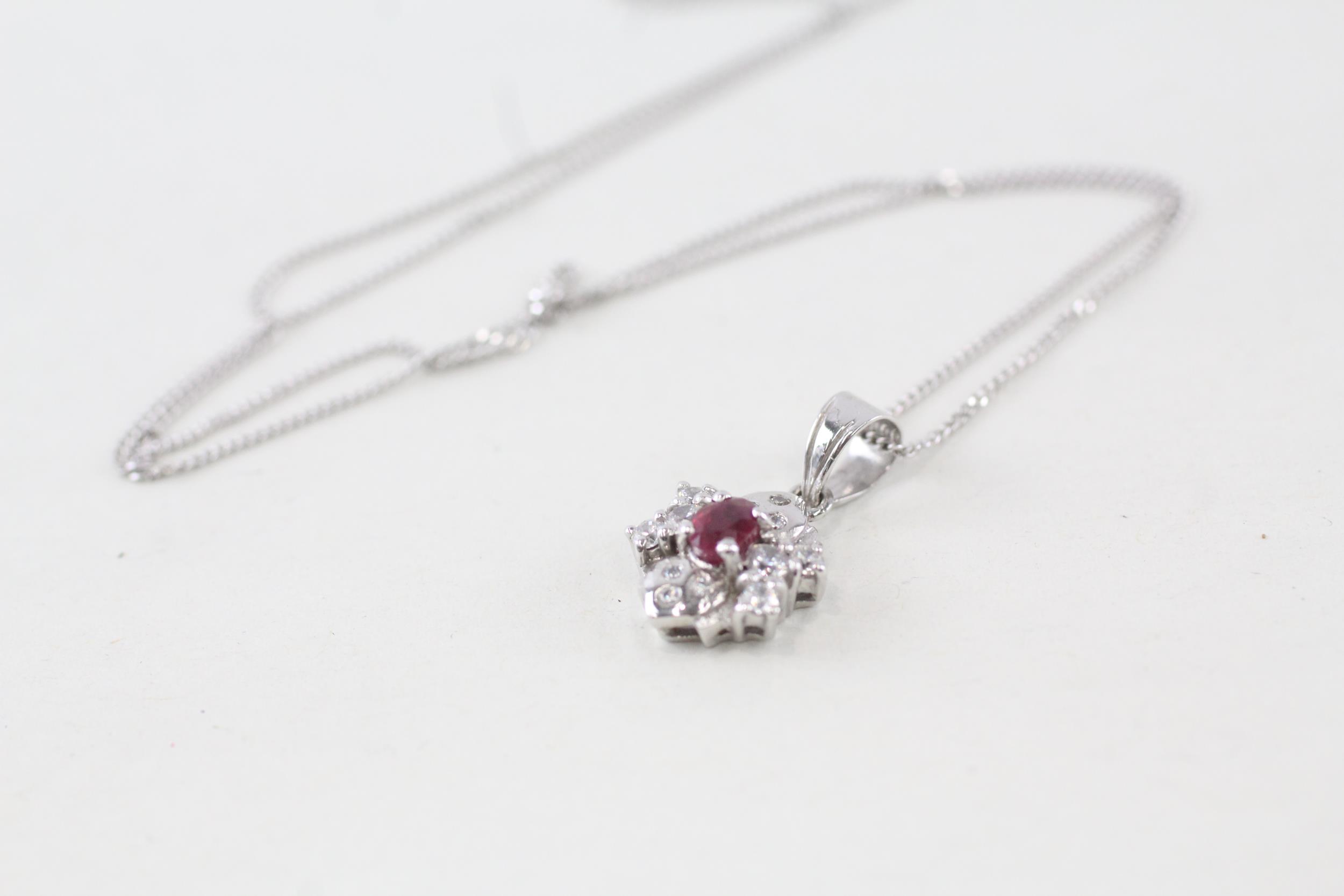 14ct white gold ruby & cubic zirconia floral cluster pendant necklace - 2.4 g