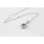 14ct white gold ruby & cubic zirconia floral cluster pendant necklace - 2.4 g