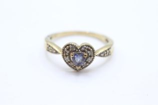 9ct gold diamond and tanzanite heart halo ring Size Q - 2.9 g
