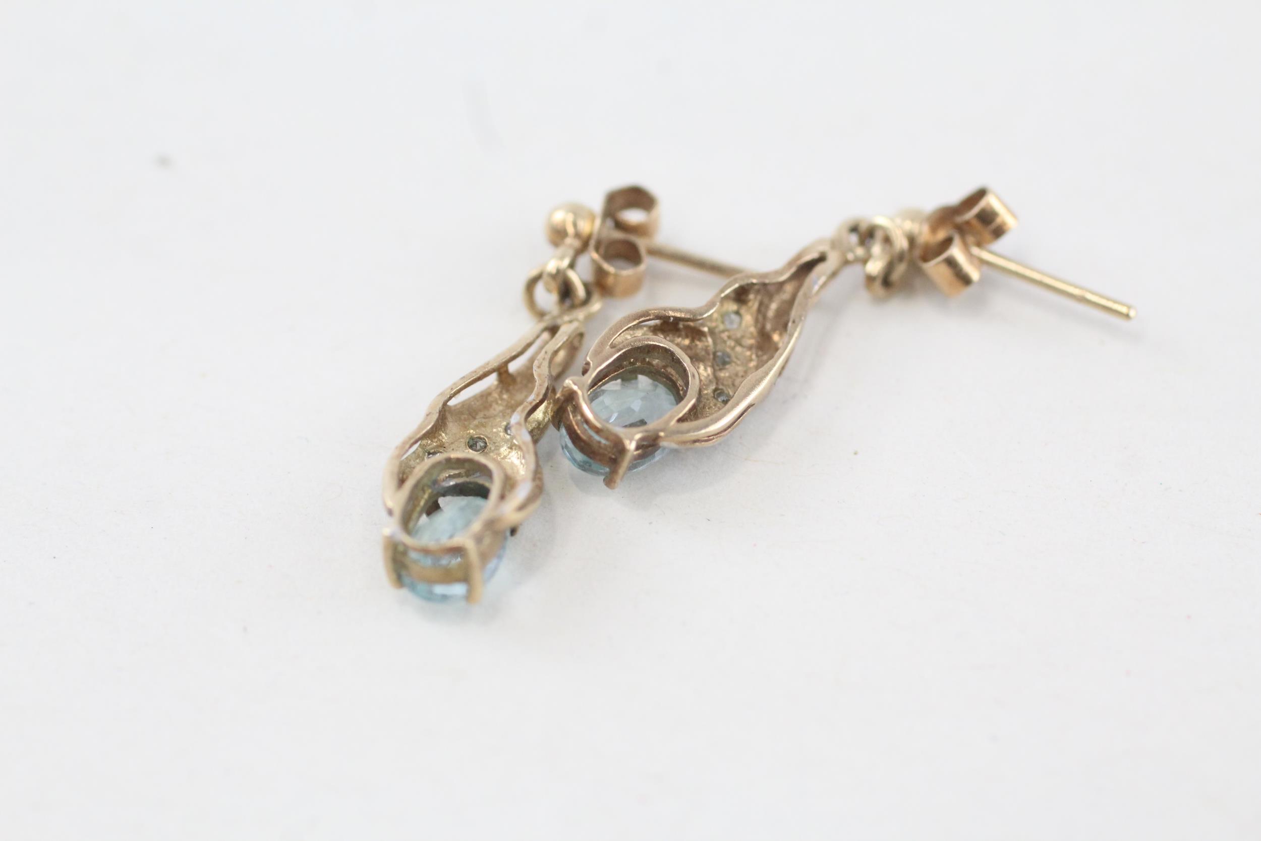 9ct gold oval cut blue topaz and diamond set drop earrings - 1.6 g - Image 3 of 4
