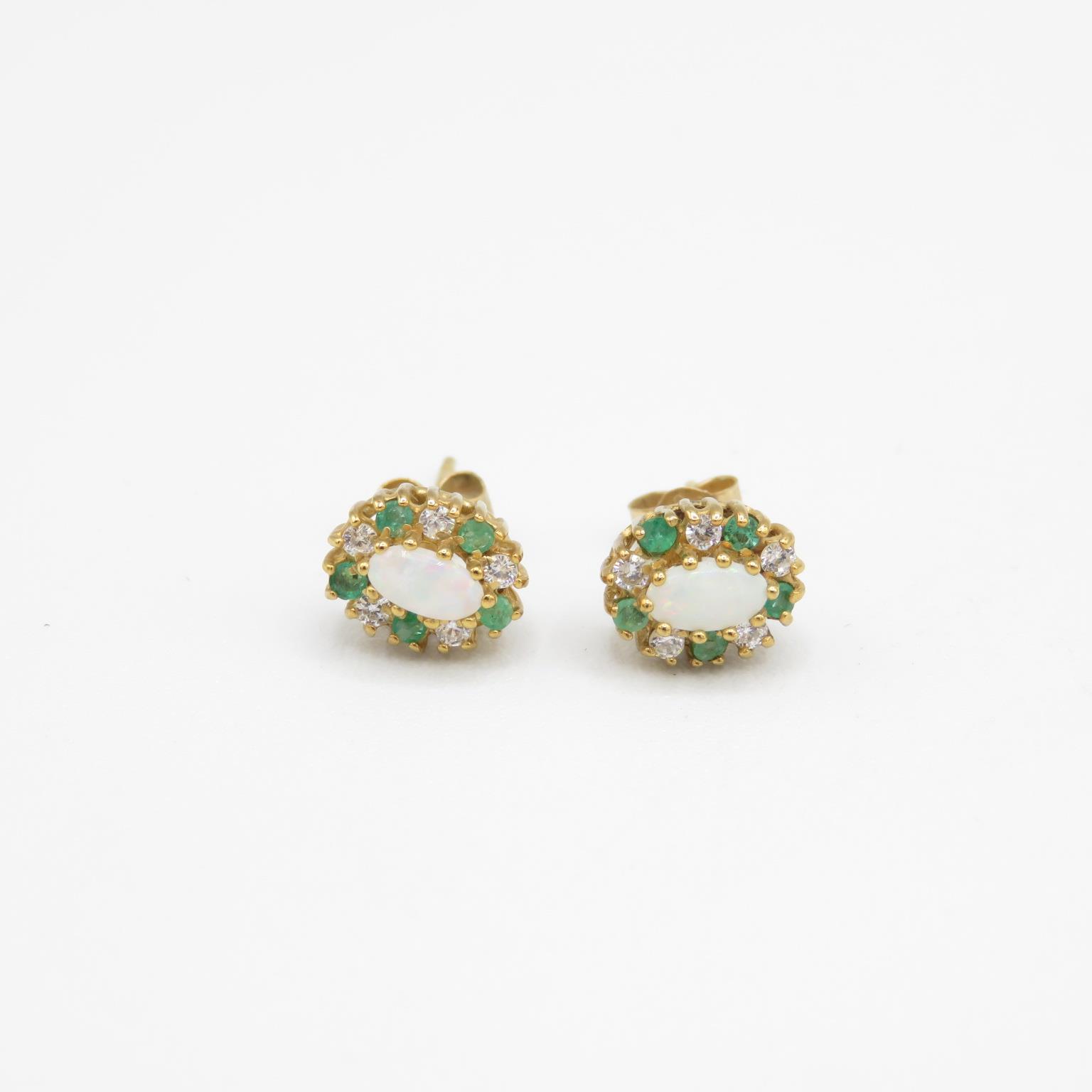 9ct gold opal, emerald & cubic zirconia cluster stud earrings with scroll backs - 1.4 g