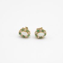 9ct gold opal, emerald & cubic zirconia cluster stud earrings with scroll backs - 1.4 g