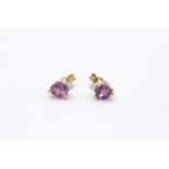 14ct gold diamond & heart amethyst stud earrings with 9ct backs - 1.5 g