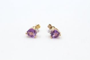 14ct gold diamond & heart amethyst stud earrings with 9ct backs - 1.5 g